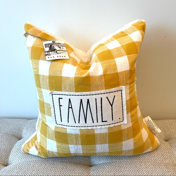 Rae Dunn Other - NWT Rae Dunn “Family” yellow gingham down filled pillow with faux shearling back